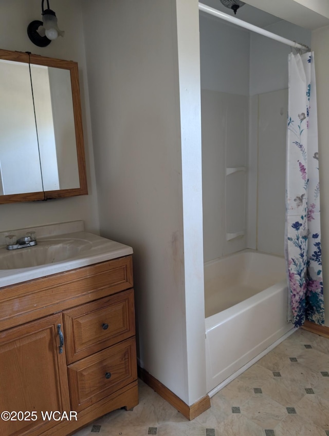 217 Center St, Vaughnsville, OH 45893 - full bathroom with shower / bath combination with curtain, vanity, and baseboards