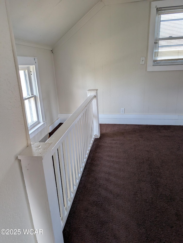 217 Center St, Vaughnsville, OH 45893 - corridor featuring crown molding, carpet flooring, and an upstairs landing