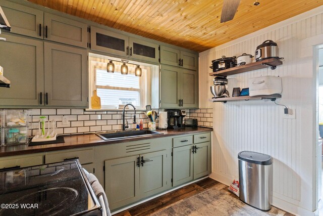408 Vine St, Kenton, OH 43326 - kitchen with range with electric cooktop, dark countertops, green cabinets, backsplash, and wood ceiling