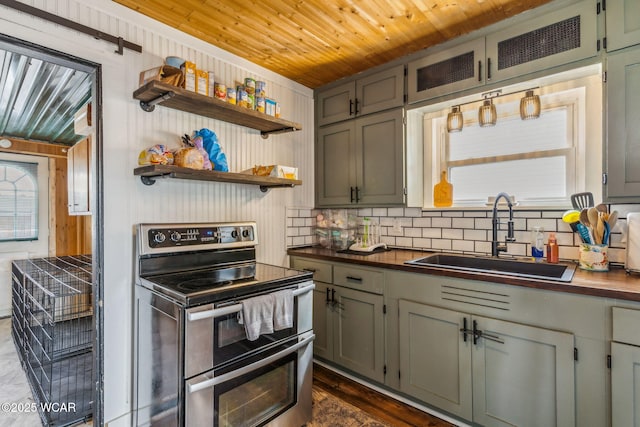 408 Vine St, Kenton, OH 43326 - kitchen featuring range with two ovens, open shelves, wood ceiling, butcher block countertops, and decorative backsplash