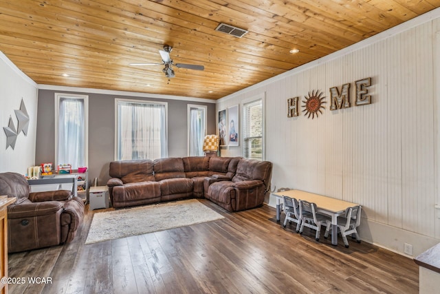 408 Vine St, Kenton, OH 43326 - living area with ornamental molding, hardwood / wood-style flooring, wood ceiling, and ceiling fan