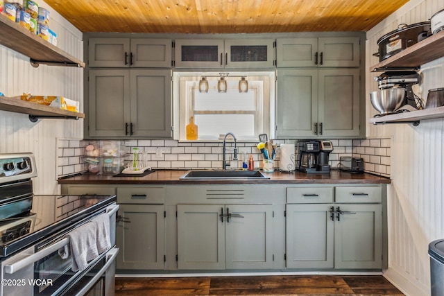 408 Vine St, Kenton, OH 43326 - kitchen featuring open shelves, electric stove, wooden ceiling, backsplash, and butcher block counters