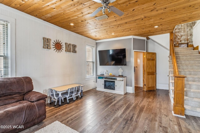 408 Vine St, Kenton, OH 43326 - living room featuring hardwood / wood-style flooring, stairway, wooden ceiling, ceiling fan, and ornamental molding