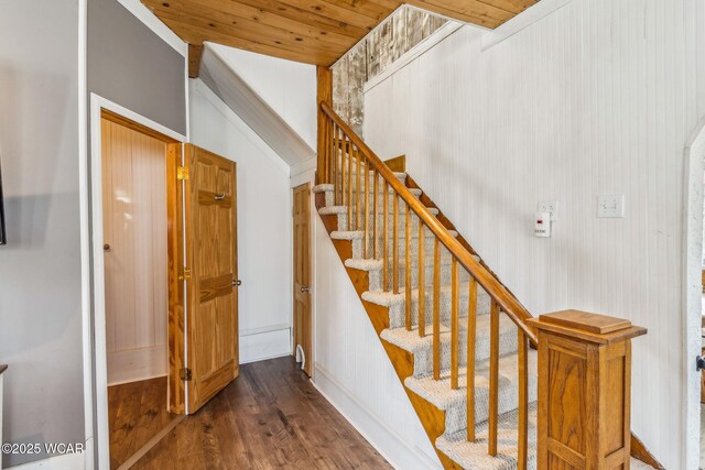 408 Vine St, Kenton, OH 43326 - staircase with wood finished floors and wood ceiling