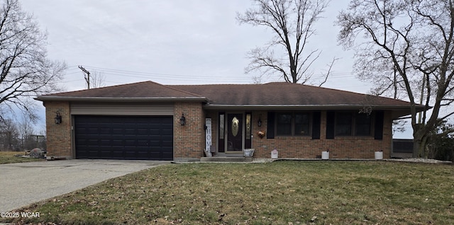 single story home featuring a garage and a front lawn