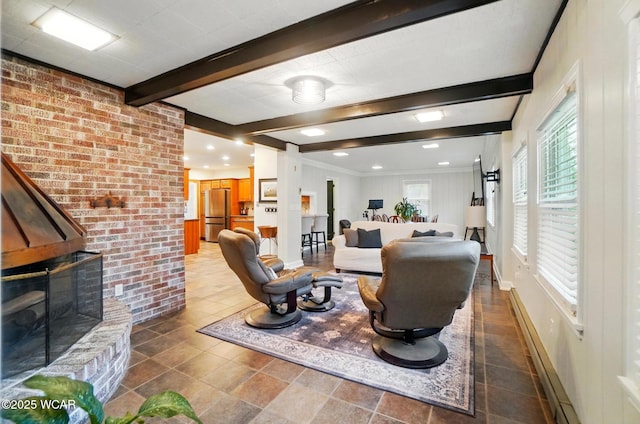 tiled living area featuring brick wall, baseboards, a baseboard radiator, and beam ceiling