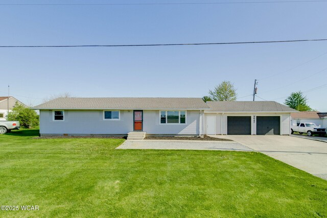 single story home with a garage, a front lawn, and driveway