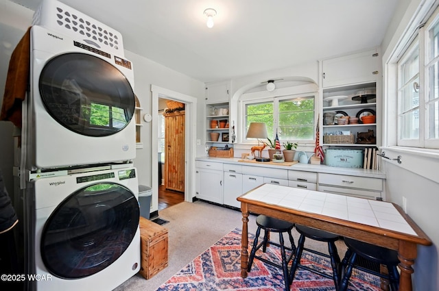 219 N Market St, Kenton, OH 43326 - laundry area with stacked washing machine and dryer and carpet floors