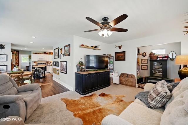 219 N Market St, Kenton, OH 43326 - living room with a ceiling fan, recessed lighting, wood finished floors, and baseboards