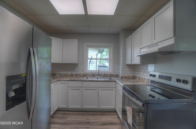 430 Hazel Ave, Lima, OH 45801 - kitchen with appliances with stainless steel finishes, under cabinet range hood, a sink, wood finished floors, and a paneled ceiling