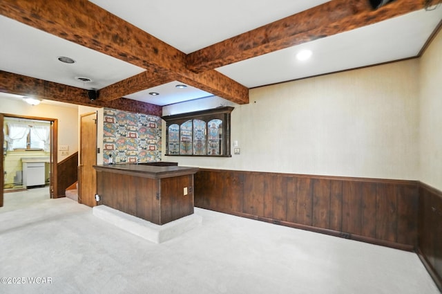 3220 Ft Amanda Rd, Lima, OH 45805 - bar area featuring beamed ceiling, a wainscoted wall, carpet floors, wooden walls, and coffered ceiling