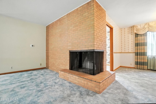 3220 Ft Amanda Rd, Lima, OH 45805 - unfurnished living room featuring carpet flooring and a brick fireplace