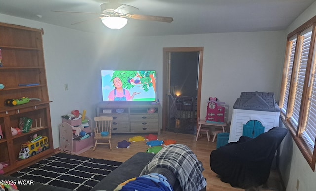 bedroom with a ceiling fan and wood finished floors