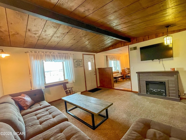 carpeted living area with visible vents, baseboards, wooden ceiling, and lofted ceiling with beams
