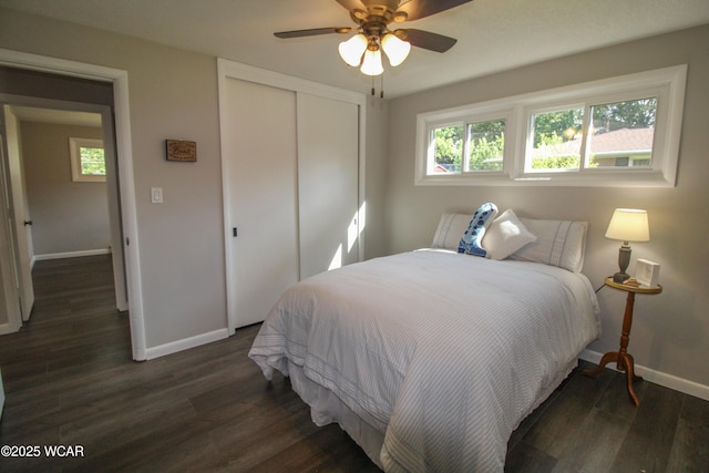 4945 New Haven Dr, Lima, OH 45806 - bedroom featuring a closet, multiple windows, dark wood-style flooring, and ceiling fan