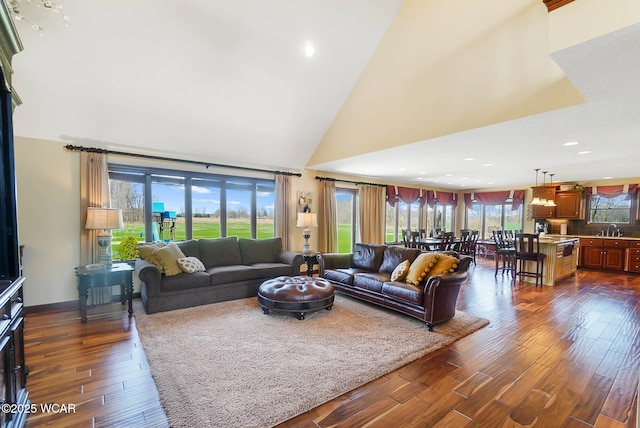 2691 Cremean Rd, Elida, OH 45807 - living area featuring a high ceiling, dark wood finished floors, and recessed lighting