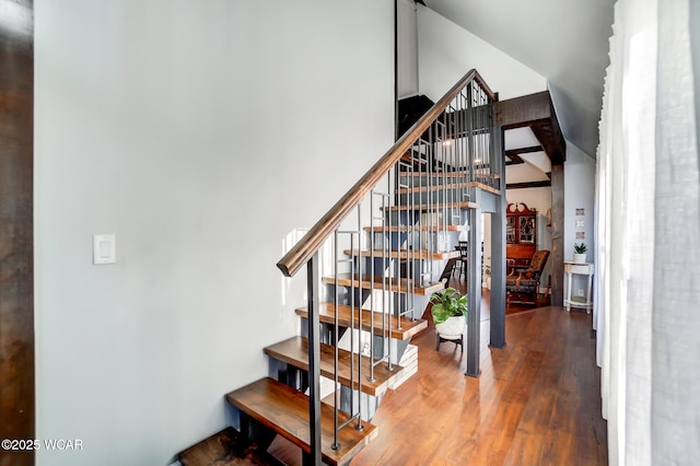 stairway featuring wood finished floors and a towering ceiling