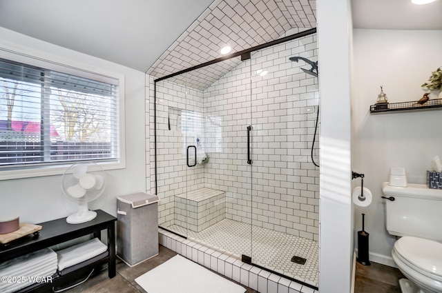 bathroom with lofted ceiling, toilet, baseboards, and a stall shower