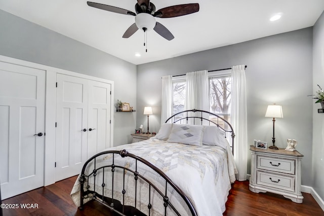 bedroom featuring a closet, recessed lighting, and wood finished floors