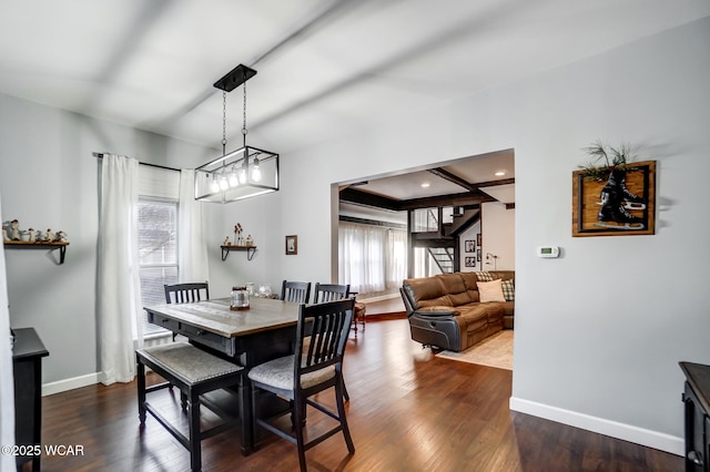 dining room featuring recessed lighting, stairway, baseboards, and dark wood-type flooring