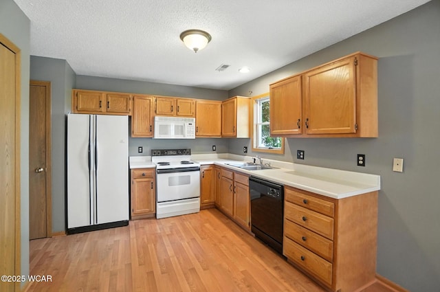 807 Centerfield Dr, Paulding, OH 45879 - kitchen featuring white appliances, light wood-type flooring, light countertops, and a textured ceiling