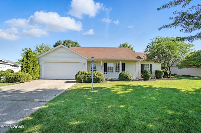807 Centerfield Dr, Paulding, OH 45879 - ranch-style house featuring an attached garage, concrete driveway, a front lawn, and roof with shingles