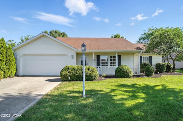 807 Centerfield Dr, Paulding, OH 45879 - ranch-style home featuring a garage, driveway, a front yard, covered porch, and roof with shingles