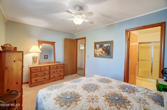 bedroom with light carpet and crown molding