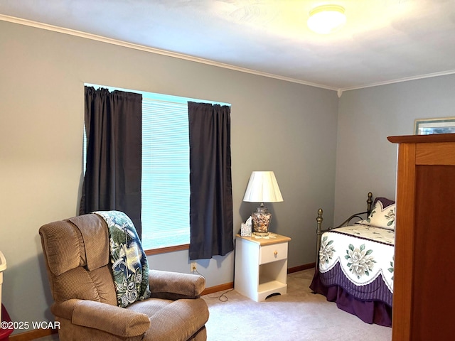 carpeted bedroom featuring ornamental molding