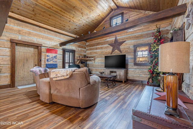 living area with high vaulted ceiling, a wealth of natural light, wood ceiling, and wood finished floors