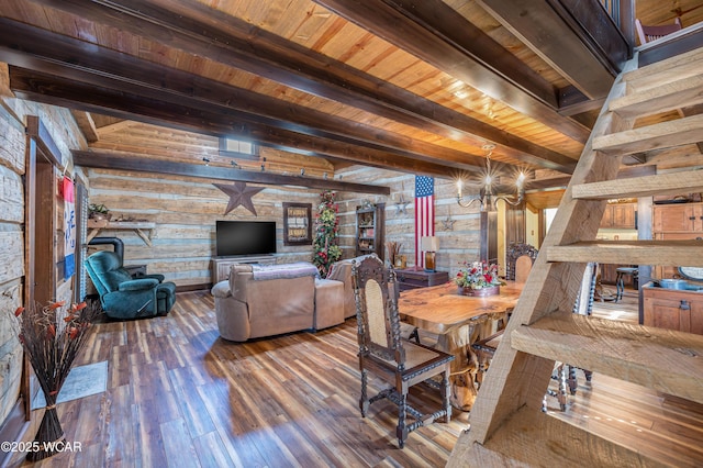 dining room featuring wooden ceiling, beamed ceiling, wooden walls, and wood finished floors