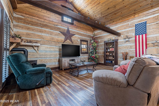 living area with high vaulted ceiling, wooden ceiling, wood finished floors, and wooden walls