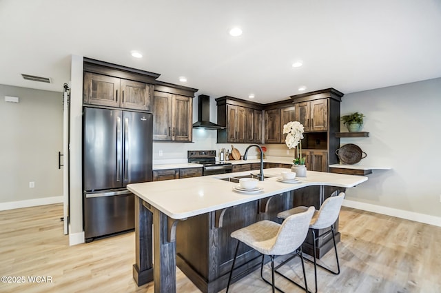 kitchen featuring appliances with stainless steel finishes, sink, a kitchen bar, dark brown cabinetry, and wall chimney range hood