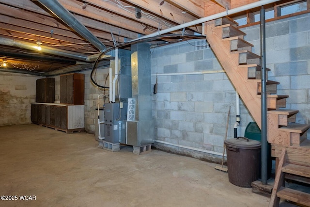 basement featuring heating unit