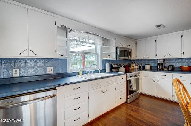 kitchen with white cabinetry, sink, dark wood-type flooring, and appliances with stainless steel finishes