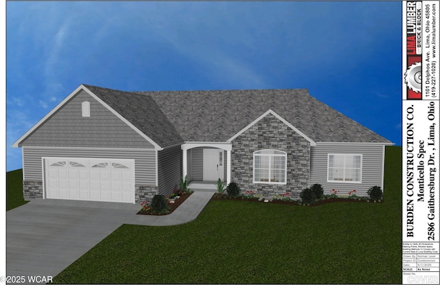 2586 Gaithersburg Dr, Lima, OH 45807 - view of front of property featuring stone siding, an attached garage, concrete driveway, and a front lawn