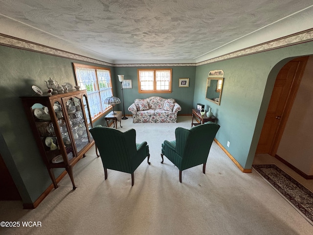 242 S Main St, Ottawa, OH 45875 - living area with arched walkways, a textured ceiling, and carpet floors