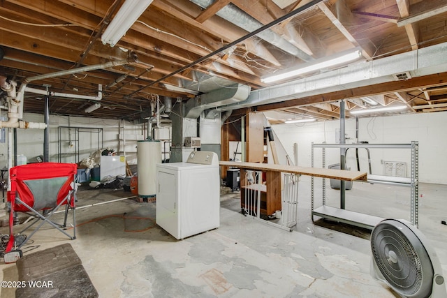 basement with water heater and washer / dryer