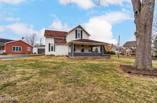 view of front of property featuring covered porch and a front yard