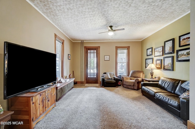 living area featuring ceiling fan, crown molding, carpet flooring, and a textured ceiling