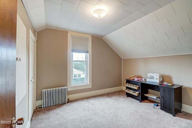 additional living space featuring baseboards, lofted ceiling, carpet, and radiator heating unit