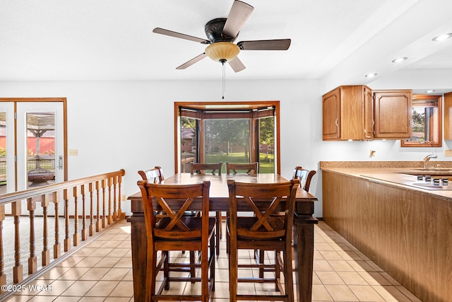 800 Heritage Dr, Lima, OH 45804 - dining space with light tile patterned floors, ceiling fan, and recessed lighting