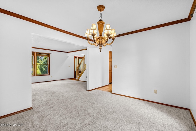 800 Heritage Dr, Lima, OH 45804 - spare room featuring light colored carpet, ornamental molding, a chandelier, and stairway