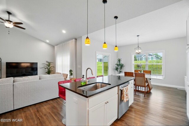 3467 Weldon Dr, Lima, OH 45806 - kitchen with stainless steel dishwasher, dark countertops, a sink, open floor plan, and dark wood finished floors