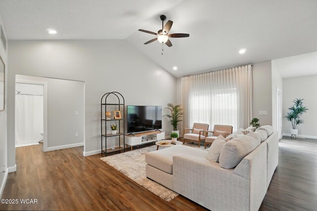 3467 Weldon Dr, Lima, OH 45806 - living area with ceiling fan, high vaulted ceiling, dark wood-type flooring, baseboards, and recessed lighting