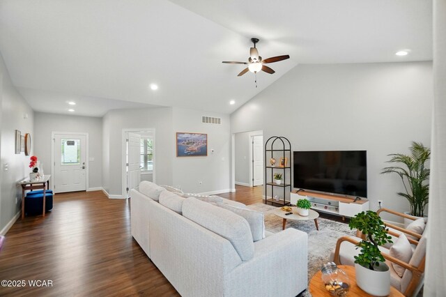 3467 Weldon Dr, Lima, OH 45806 - living room featuring recessed lighting, ceiling fan, baseboards, wood finished floors, and high vaulted ceiling