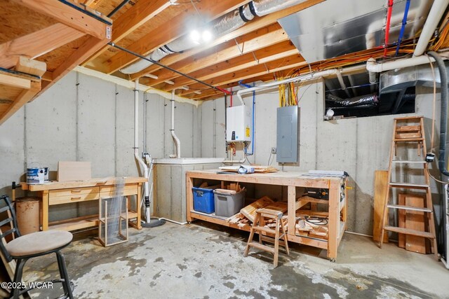 3467 Weldon Dr, Lima, OH 45806 - unfinished basement with electric panel, a workshop area, and tankless water heater