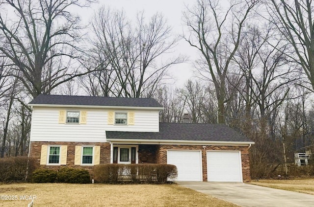 traditional-style home with a garage, brick siding, driveway, and a front lawn