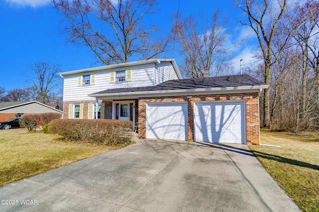 traditional-style home featuring driveway, a chimney, a front lawn, a garage, and brick siding