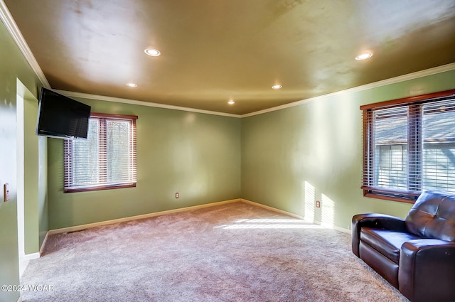 unfurnished room with carpet floors, recessed lighting, crown molding, and baseboards